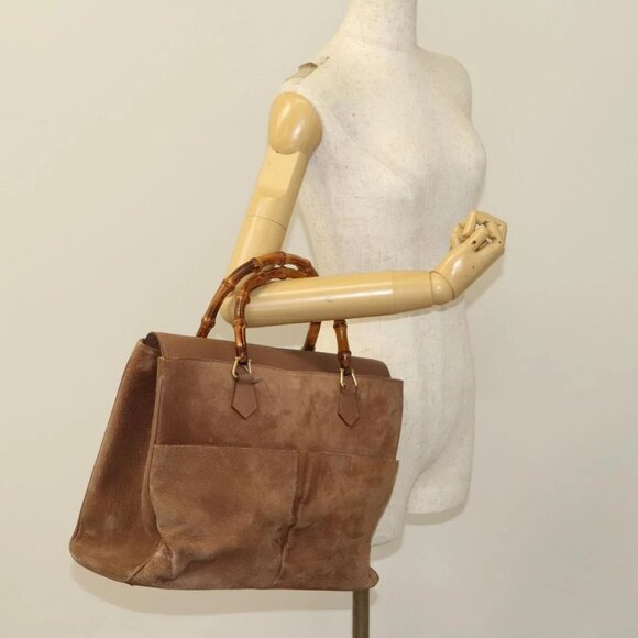 GUCCI Bamboo Hand Bag Suede Brown Gold - Picture 1 of 16